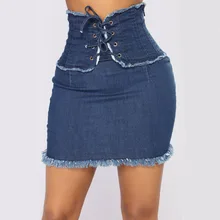 

2021 Spring Summer Femme Vintage Indie Bandage Tassel Gothic Skinny Pencil Skirt Jeans Women Jupe High Waist Lace Up Blue Denim