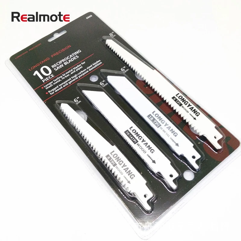 Realmote 10pcs Saw Blades Set Carbide Woodworking Wood Fibreboard Metal Cutting Reciprocating Power Tools Accessories