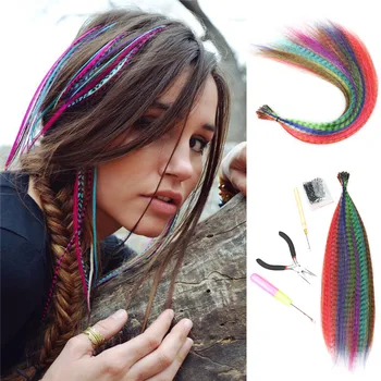 

synthetic false strands of feather hair extensions colorful rainbow hair tress for girls