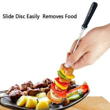 

6pcs Wooden BBQ Skewers with Food Remover Ring Portable Stainless Steel Wide BBQ Kabob Sticks Brazilian Kebab Rotisserie Maker