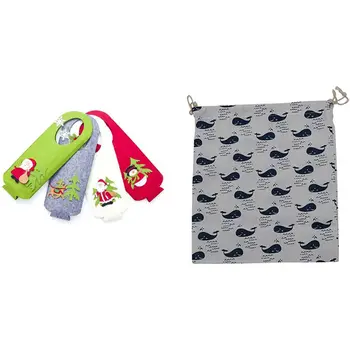 

1x Cotton Travel Drawstring Tote Storage Bag(Whale)L & 4Pc Christmas Wine Bottle Wool Felt Cover Santa Claus Elk Shape