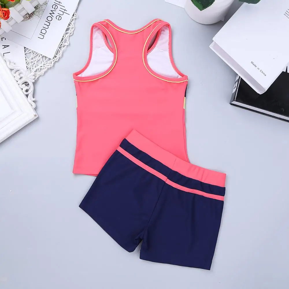 Children Swimwear Girl Two piece Swimsuit Summer Kids Bikini Bathing Suit Tankini Sport Vest Tops with Bottoms Shorts 6-14