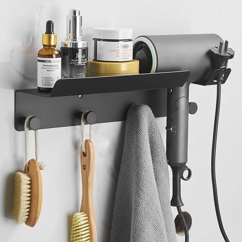 

Black Bathroom Shelf Soild Brass Hair Dryer Holder Wall Mounted With Hooks Rack Bath Hardware Nail Punched Brushed Gold Nickel