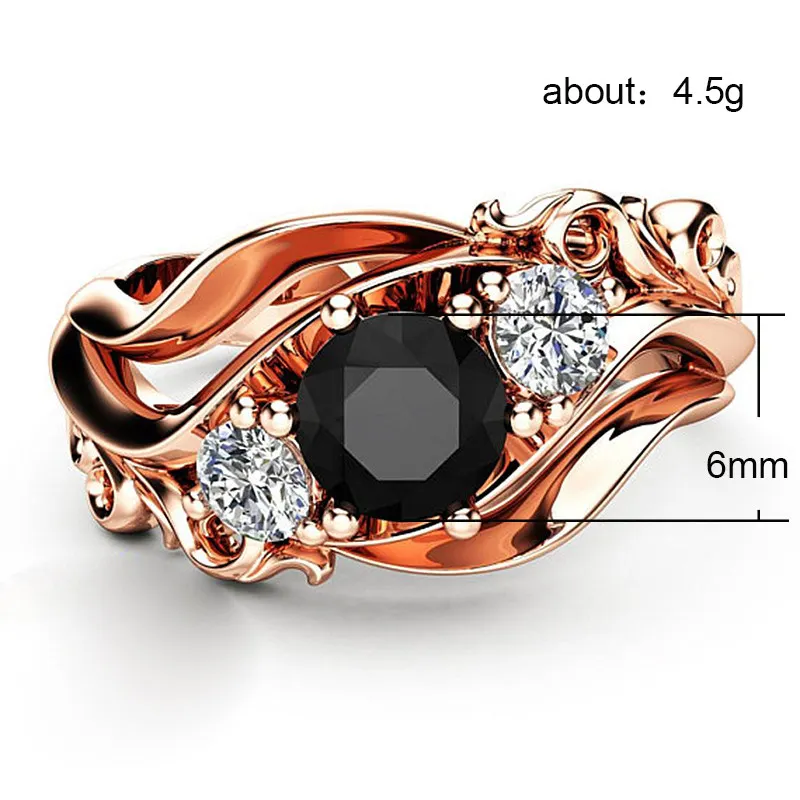 Huitan Witch Ring Unique Black Stone Prong Setting Twist Band Design Rose Gold Color Women Engagement Finger Rings Wholesale