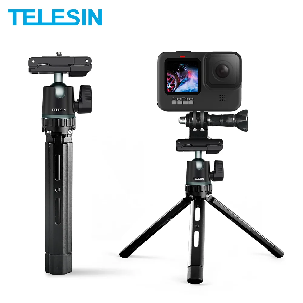 TELESIN Aluminium Alloy Tripod With Cold Shoe Phone Clip Portable Selfie Stick For GoPro 10 9 8 7 6 Insta360 iPhone Monopod DSLR |