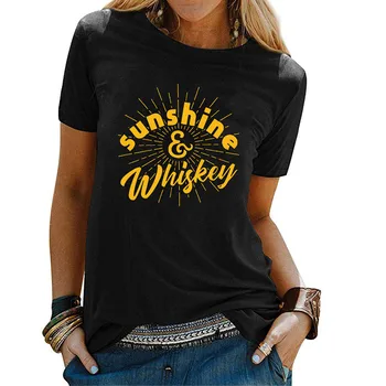 

Sunshine Whiskey Letter Print Women T shirt O-neck Short Sleeve Tshirts Cute Graphic T-shirt Ladies Harajuku Korean Clothes