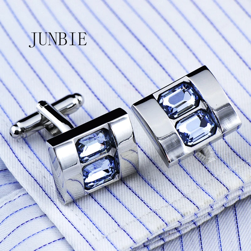 

JUNBIE Jewelry shirt cufflinks for mens Fashion Luxury Wedding blue crystal Cuff link square Button High Quality Free Shipping