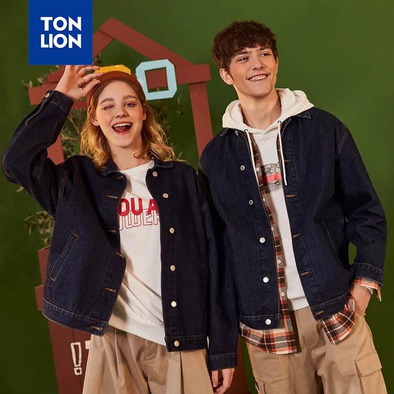 Мужская джинсовая куртка TONLION Normcore темно синяя с длинными рукавами для