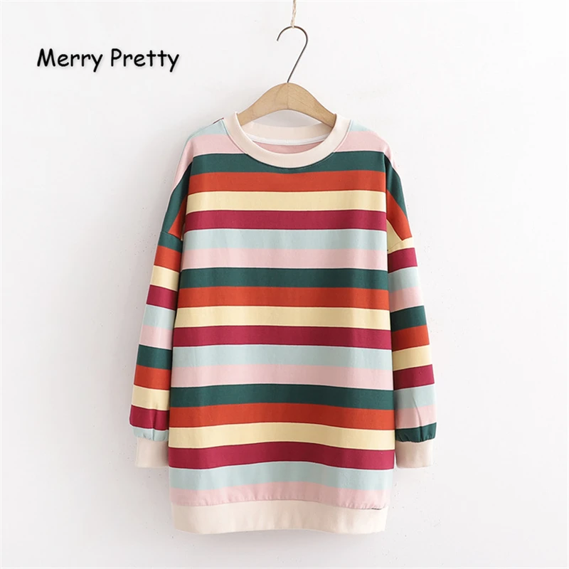 Merry Pretty/Хлопковые женские толстовки в радужную полоску, толстовки, зимние пуловеры с длинным рукавом и круглым вырезом, повседневные свободные спортивные костюмы