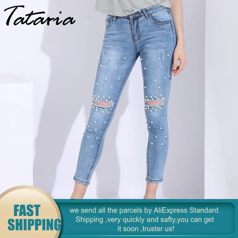 jeans with pearls at bottom