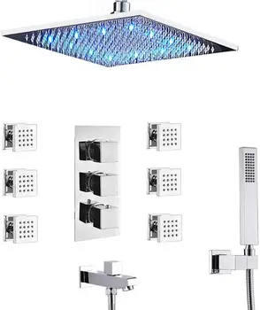 

Thermostatic Shower Systems with Body Sprays and Tub Spout, 16" LED Rain Showerhead and Handheld shower Combo Set