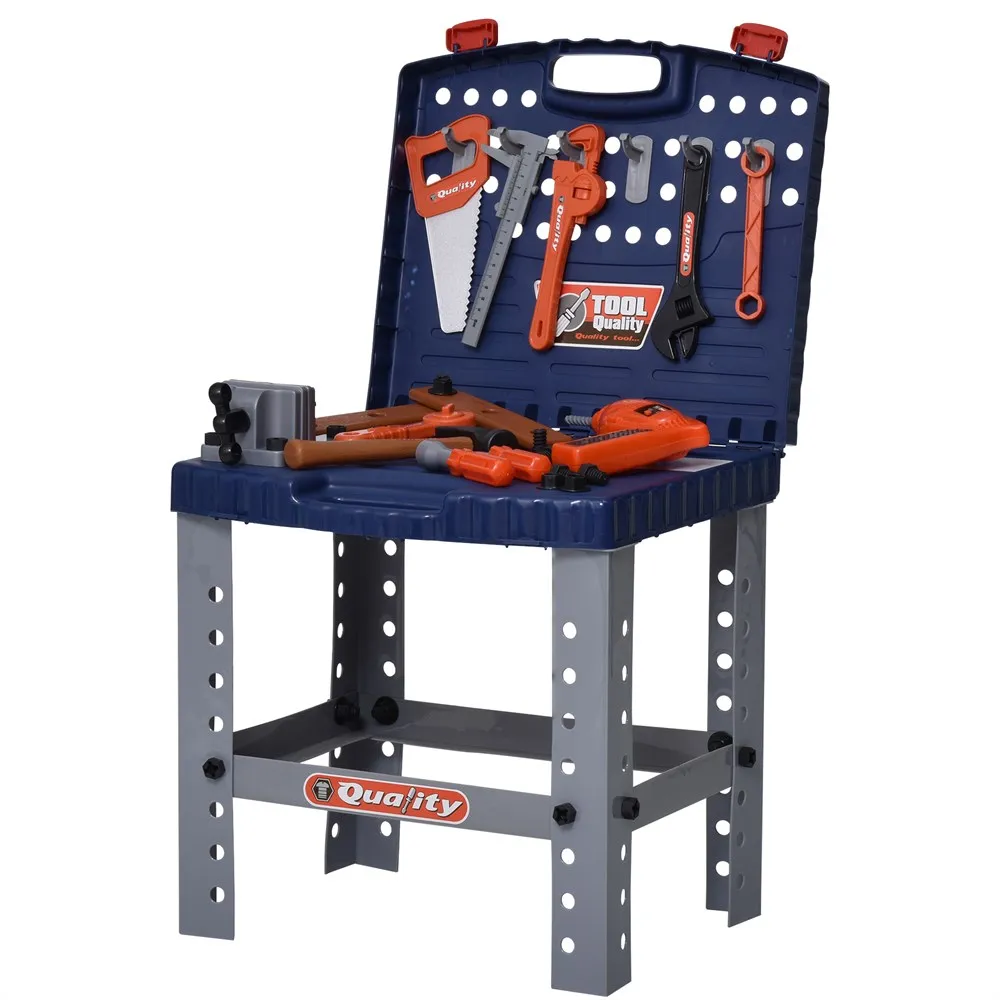 HOMCOM Banco de Herramientas Para Niños +3 Años Desmontable Juego de Imitación 68 Piezas 42x28x58 cm Azul y Gris