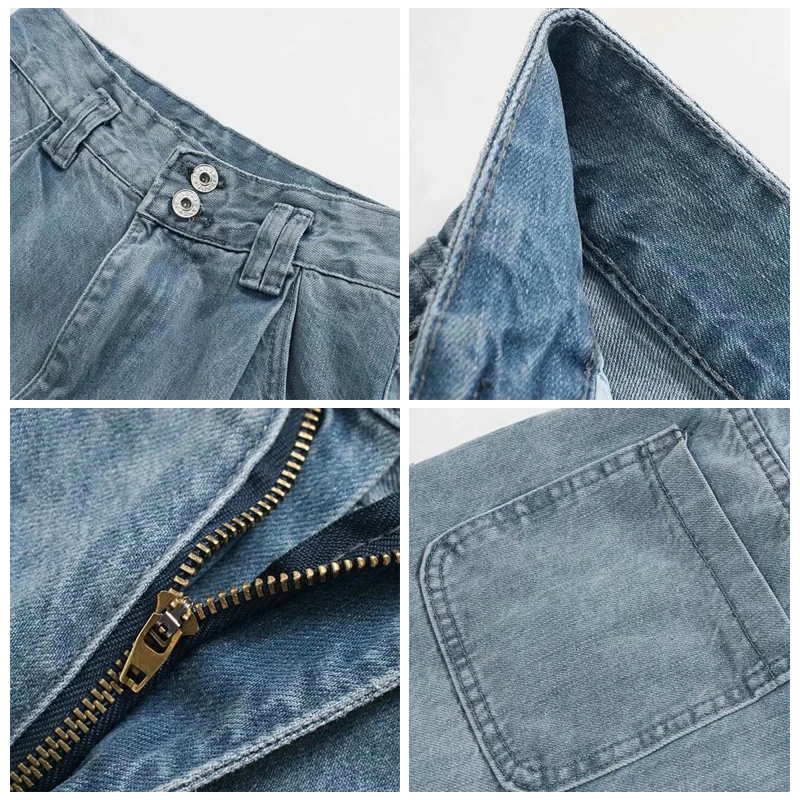 ROHOPO небесно-голубые джинсовые хлопковые широкие джинсы с высокой талией, с пряжкой, с манжетами, из стираной ткани, снизу сзади, с отворотом, с карманами, джинсовые брюки#1199