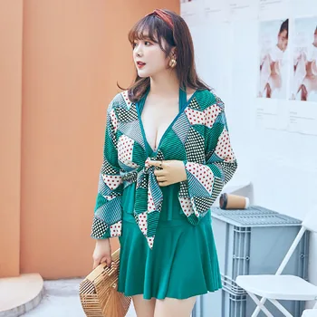 

Large size swimsuit women's split three-piece skirt conservative sexy cover belly slimming plus fat enlarge chest hot spring swi