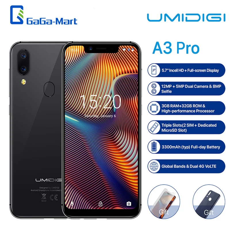 UMIDIGI A3 Pro мобильный телефон, глобальная полоса, 5,7 дюймов, 19:9, полный экран, 3 Гб+ 32 ГБ, Android 8,1, 12 МП, разблокировка лица, двойной 4G смартфон