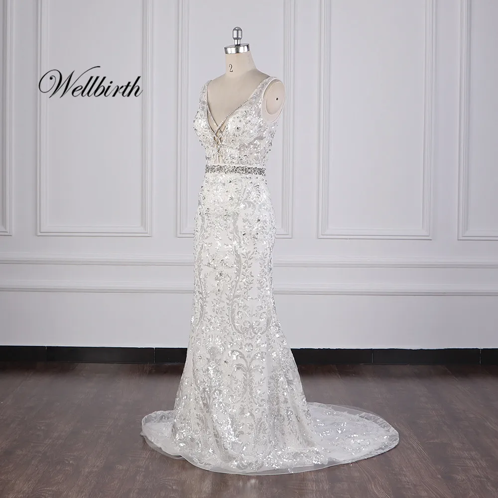 Реальное изображение Wellbirth Vestido de novia v-образный вырез Русалка свадебное платье с коротким рукавом свадебное платье jc043