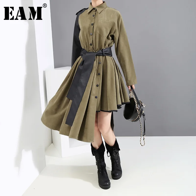 

[EAM] Women Green Bandage Asymmetrical Shirt Dress New Lapel Long Sleeve Loose Fit Fashion Tide Spring Autumn 2020 19A-a154