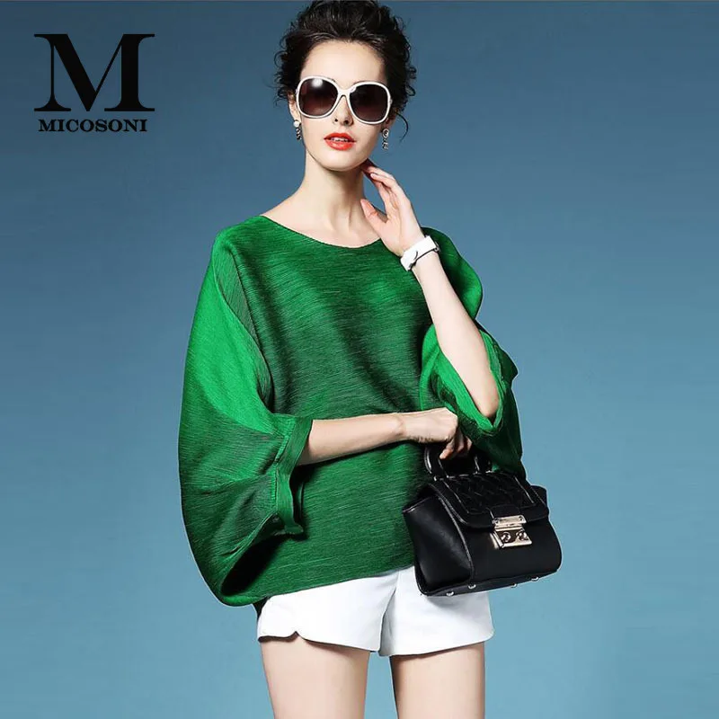 

High-end Quality Japanese Style Fashion Blouses 2019 New Pleated Batwing Sleeve Loose Pleated Tops Women's Green Pink Shirts