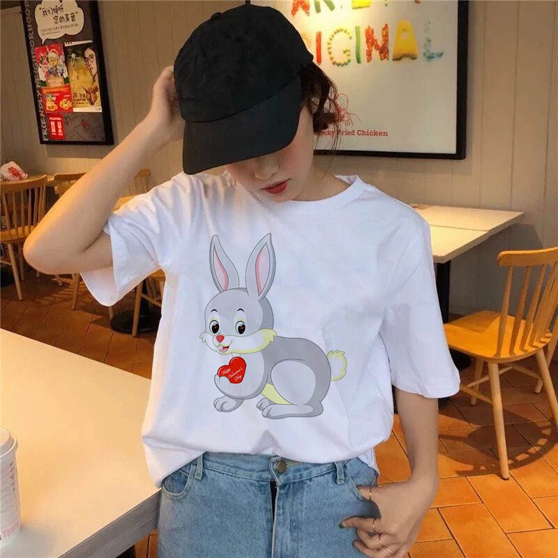 

Women Aesthetic shirt Ullzang Harajuku Vintage tshirt Cartoon Rabbits Painting T Shirt New Fashion Top Tees Female Tumblr Clot