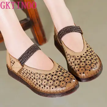 

GKTINOO Spring Shoes Women Genuine Leather Flat Shoes Retro Female Ballet Flat Shoe Summer Lady Hollow Out Loafers Women Sandal