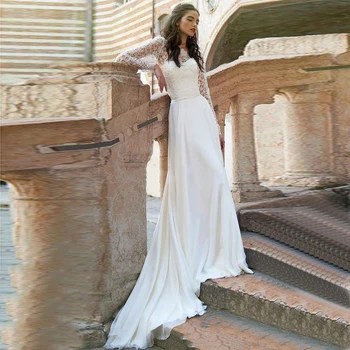 

Eightale Long Sleeve Wedding Dresses Lace Top Chiffon Skirt Side Split Custom Made Wedding Gowns Elegant Bridal Dresses