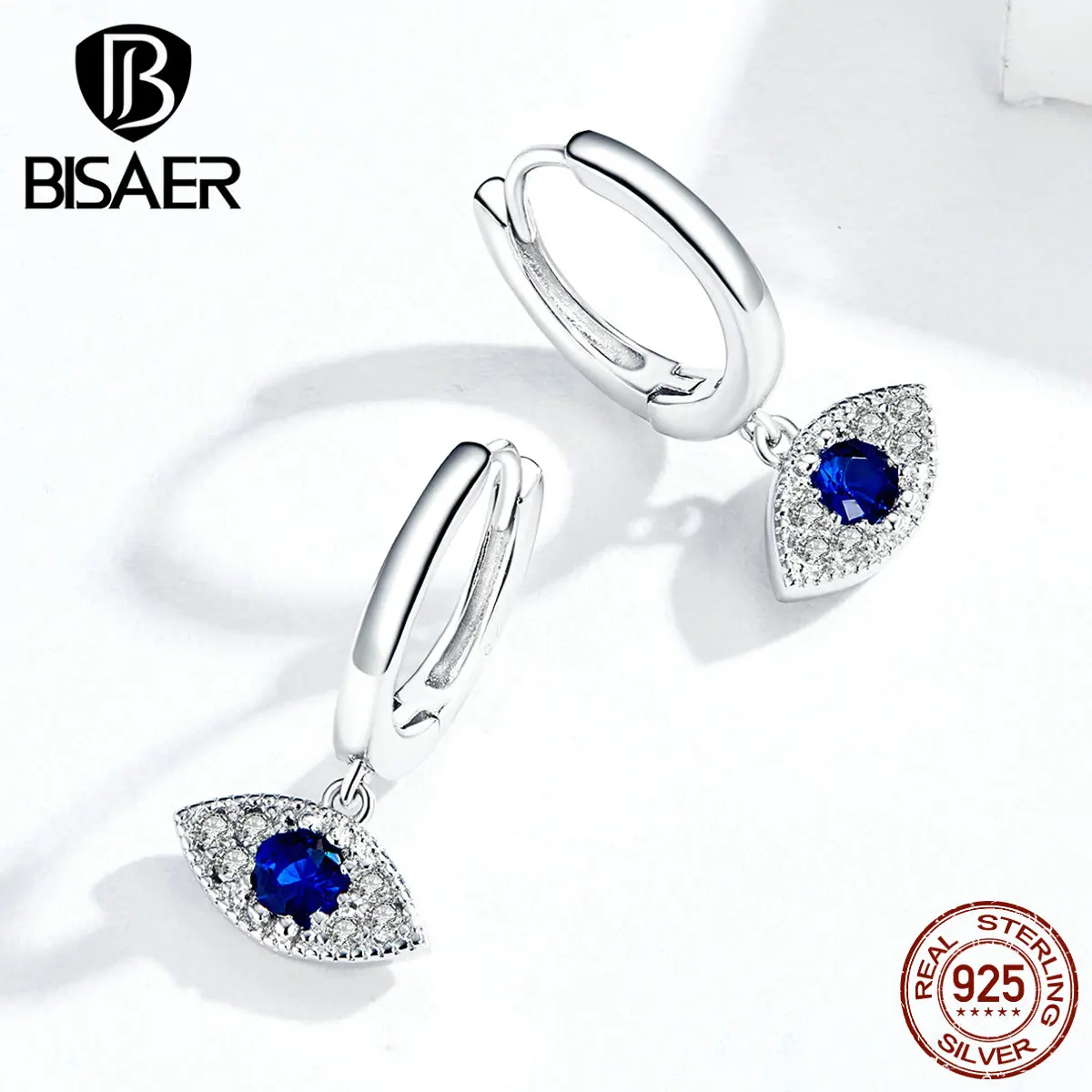 Синие серьги в форме глаз BISAER 925 пробы серебряные серьги-гвоздики с цирконием для женщин ювелирные изделия из стерлингового серебра EFE274