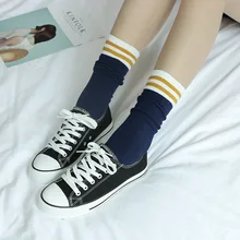 Funny Cute Japanese High School Girls Cotton Loose Striped Crew Socks Colorful Women Sox Harajuku Designer Retro Yellow White