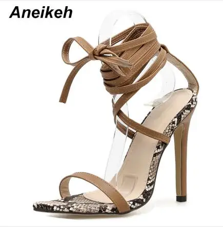 Aneikeh/Новинка года; босоножки из искусственной кожи; летние женские офисные женские туфли на тонком высоком каблуке со шнуровкой и мелким ремешком на щиколотке; Размеры 35-40 - Цвет: Brown