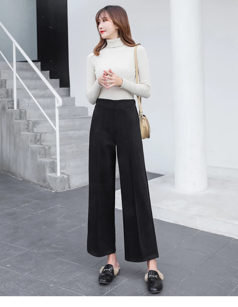 Ankle-Length Women Woolen Pants Wide Leg Pant 2019 New Fashion Autumn Winter Wear High Waist Loose Female Black Beige Trousers (4)