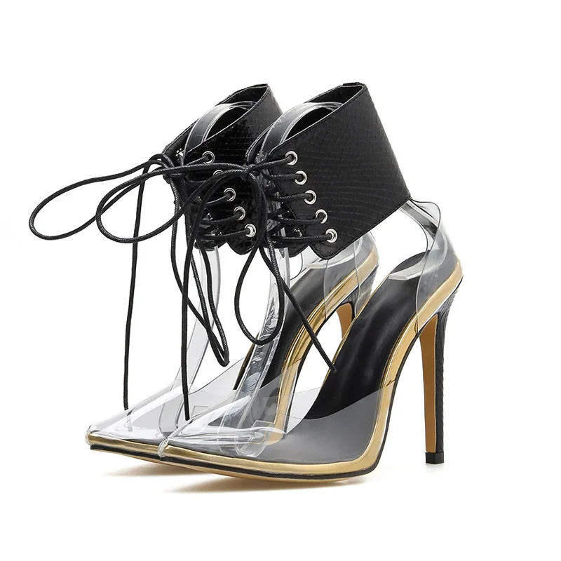 SHENGY/; женские туфли-лодочки для ночного клуба; 12 см; модные сандалии в римском стиле; прозрачная обувь с кристаллами; женские летние туфли-лодочки на высоком каблуке - Цвет: gold