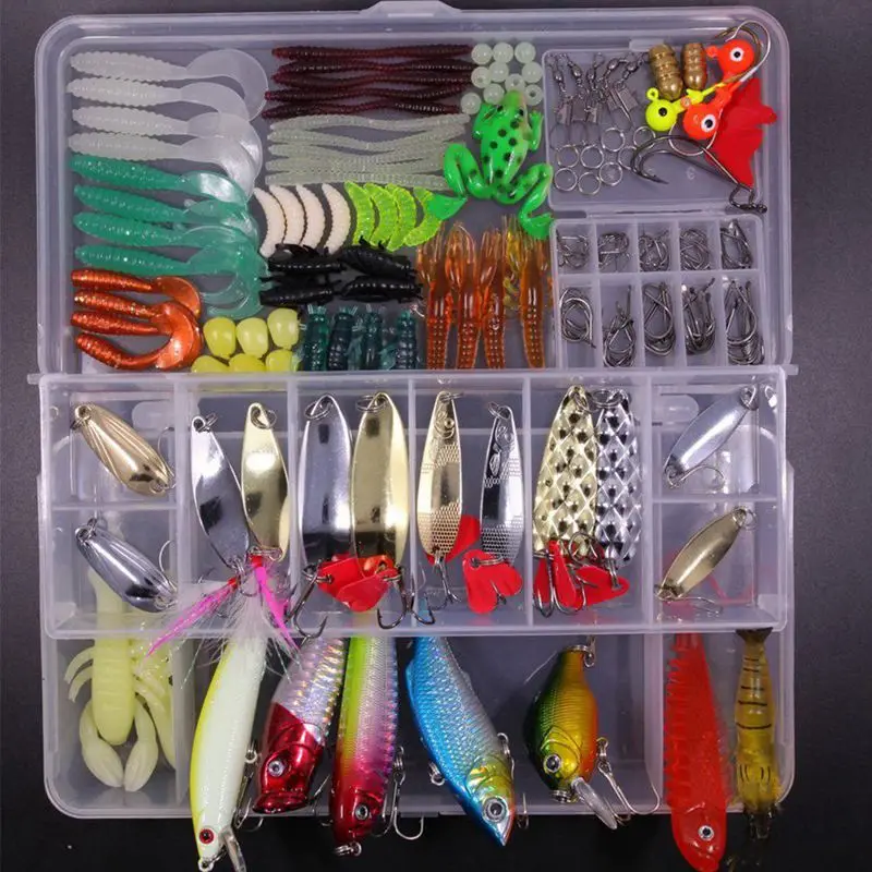 

Quality Fishing Lures Set 180pcs Tackle Lots Including Frogs Lures Hard Lures Soft Lures Metal Hooks Spoon Lures Crank Popper