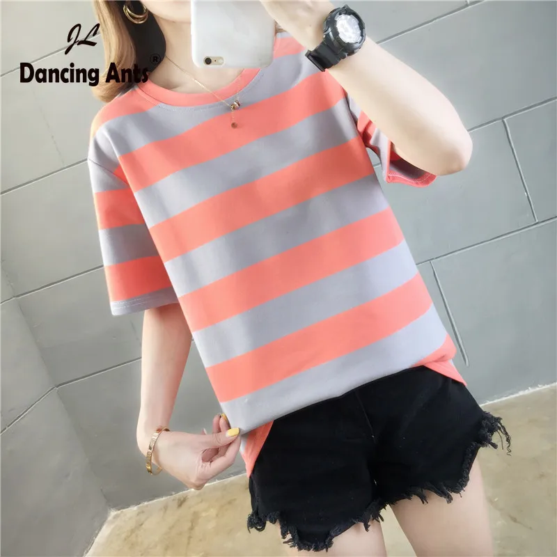 

female T-shirt ropa mujer Women Men striped Print T Shirt O-neck Tops kawaii fashion t-shirts Women clothes