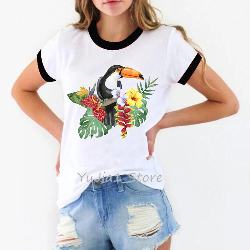 Cockatoo с тропическим цветочным принтом Футболка женская летняя белая футболка Топы Женская Футболка harajuku kawaii одежда - Цвет: Y82125 B