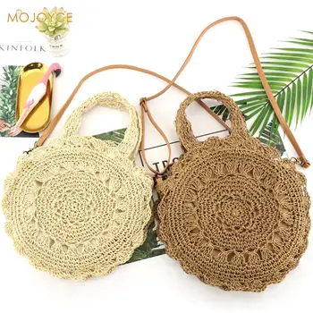 

Retro Straw Women Crossbody Shoulder Bag Beach Handmade Woven Messenger Handbags Totes Lady Round Beach Travel Purse