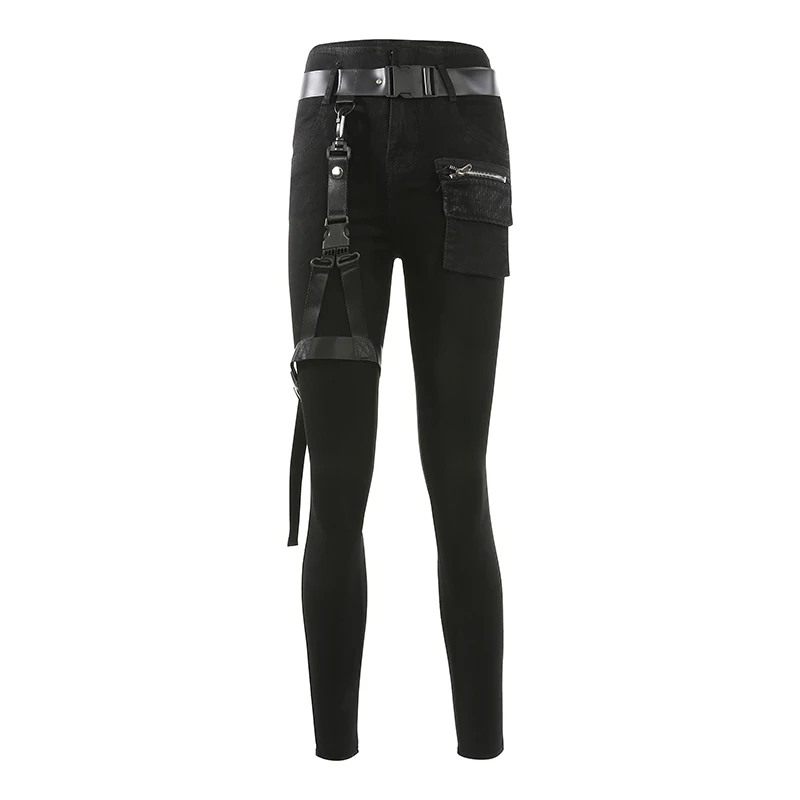 HEYounGIRL Высокая талия узкие черные джинсы Для женщин Harajuku в стиле панк Джинсовые штаны с ног Пояс с кольцом с завышенной талией джинсы уличной