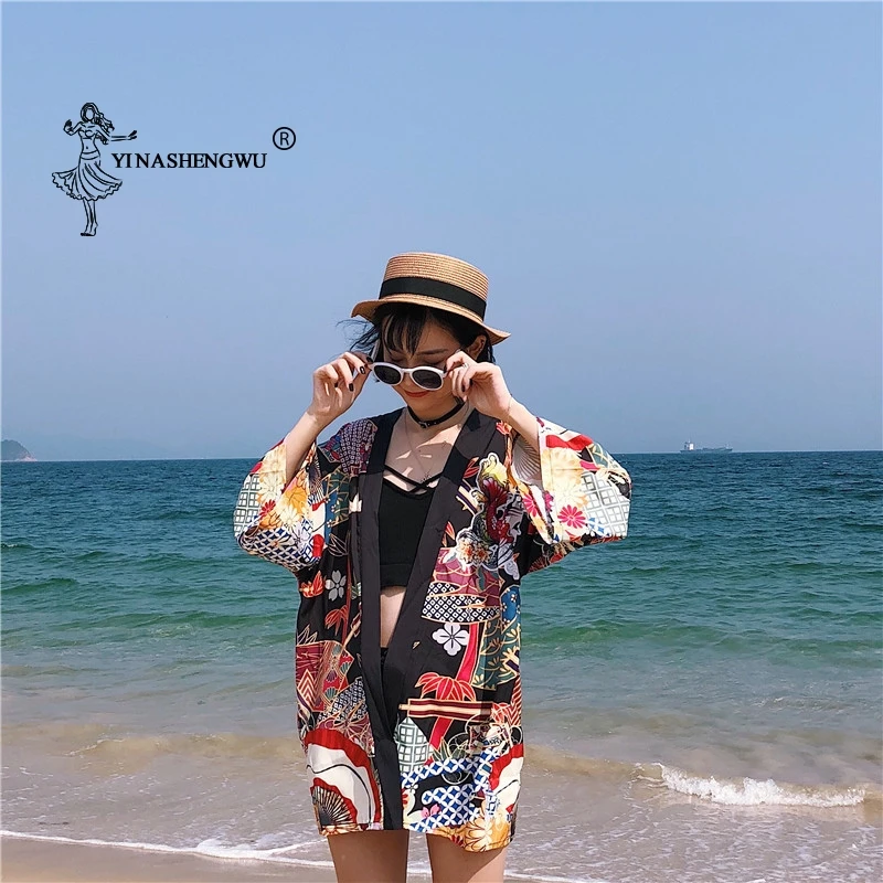 Yukata женский кимоно кардиган Япония Кимоно Одежда Азия летняя рубашка с принтом рыбы Топ повседневные кимоно Kawaii кимоно костюм для косплея