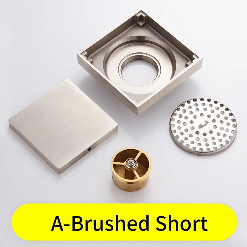 A-Brushed-Short Пол в туалете дренажные черные латунные дренажные крышки раковина пол отходы решетки квадратная ванная решетка для душа Фильтр - Цвет: A-Brushed-Short