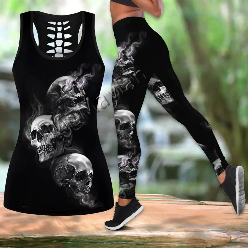 

Harajuku 3D Print Fashion Terror Skulls Black Women Hipsters Hollow Tanktop and Leggings Leisure Female Sexy Vest Clothes S-310