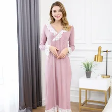 Весна Лето женский пеньюар с длинными рукавами хлопок Ночная рубашка Кружева Сексуальный домашний халат сладкий длинный ночная рубашка m-xxl