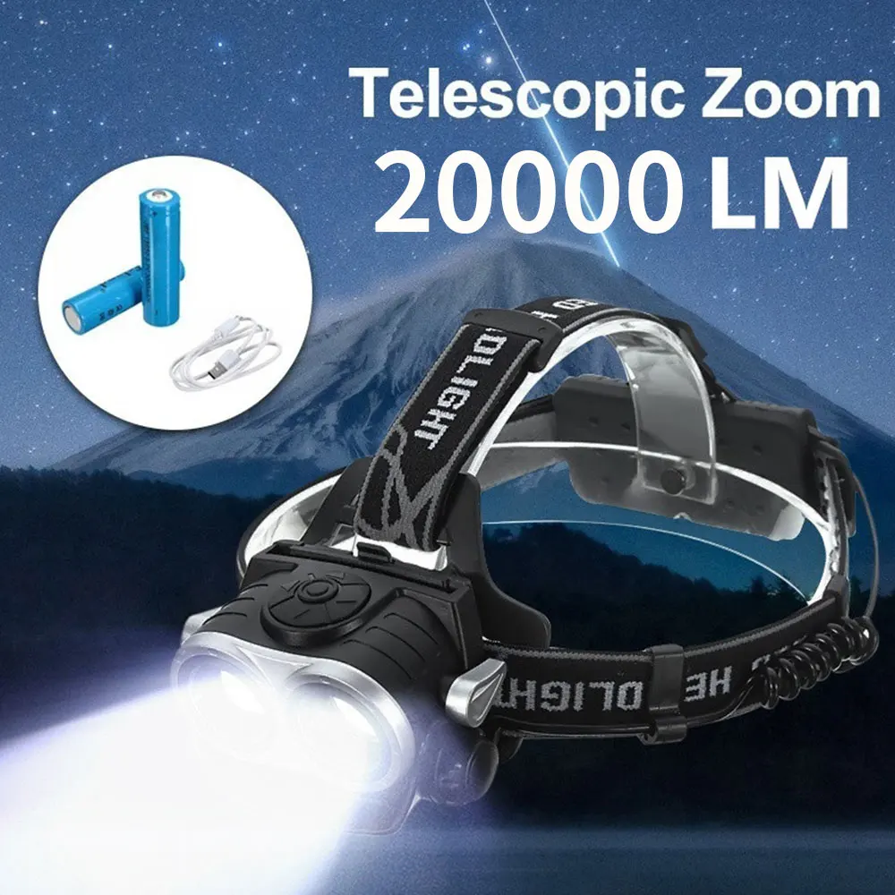 Налобный фонарь, мощный светильник 20000LM, фонарь, лампа для наружного кемпинга, головной светильник с 18650 батареей, прочные Товары для рыбалки, спортивные товары T6