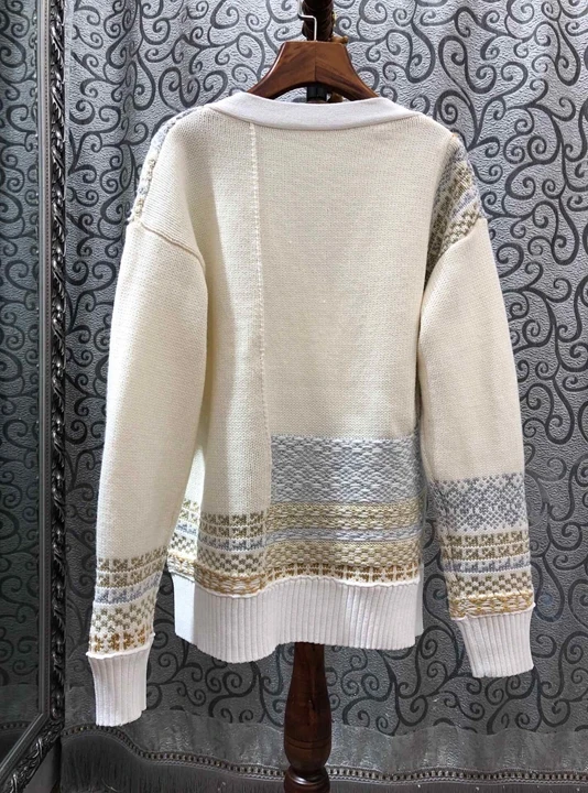 New women's V-neck color blocking woven decoration long sleeve loose cardigan 1110