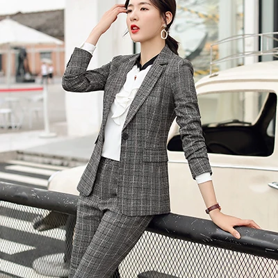 Gray Pant Suits Женский костюм в синюю и серую клетку, брюки для отеля, интервью, Офисная Женская деловая рабочая одежда, куртки, блейзер и брюки, комплект из 2 предметов, костюм - Цвет: Gray Pant Suits