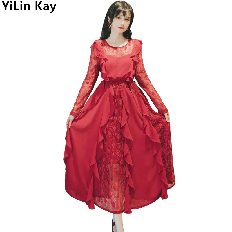 

High-end Custom Luxury Runway Designer maxi dress 2019 Autumn Women's vintage flair Lace dress