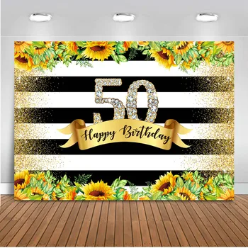 

50th sunflower backdrop for photography White and black stripe background for photo studio happy birthday party decoration prop