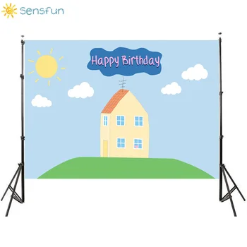 

Sensfun Children's Birthday Party Photographic Backdrops Cartoon Theme House Sky Pig Background Cake Table Decor Photocall