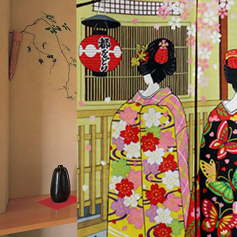 Длинный дверной занавес в японском стиле для девочек-гейш и вишневых цветов, гобелен для украшения дома 33,5 X
