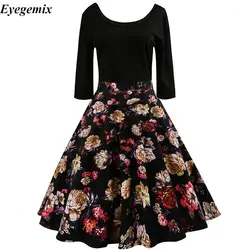 Осень Зима Jurk Vrouwen Хепберн 50 s 60 s Bloemenprint Винтаж Jurk 3/4 Mouw Elegante Feestjurken размера плюс Jurken