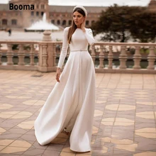 Booma Simple Satin Wedding Dresses Long Sleeve O-neck Beach Boho Bridal Gowns Custom Made illusion Button Wedding Party Dress