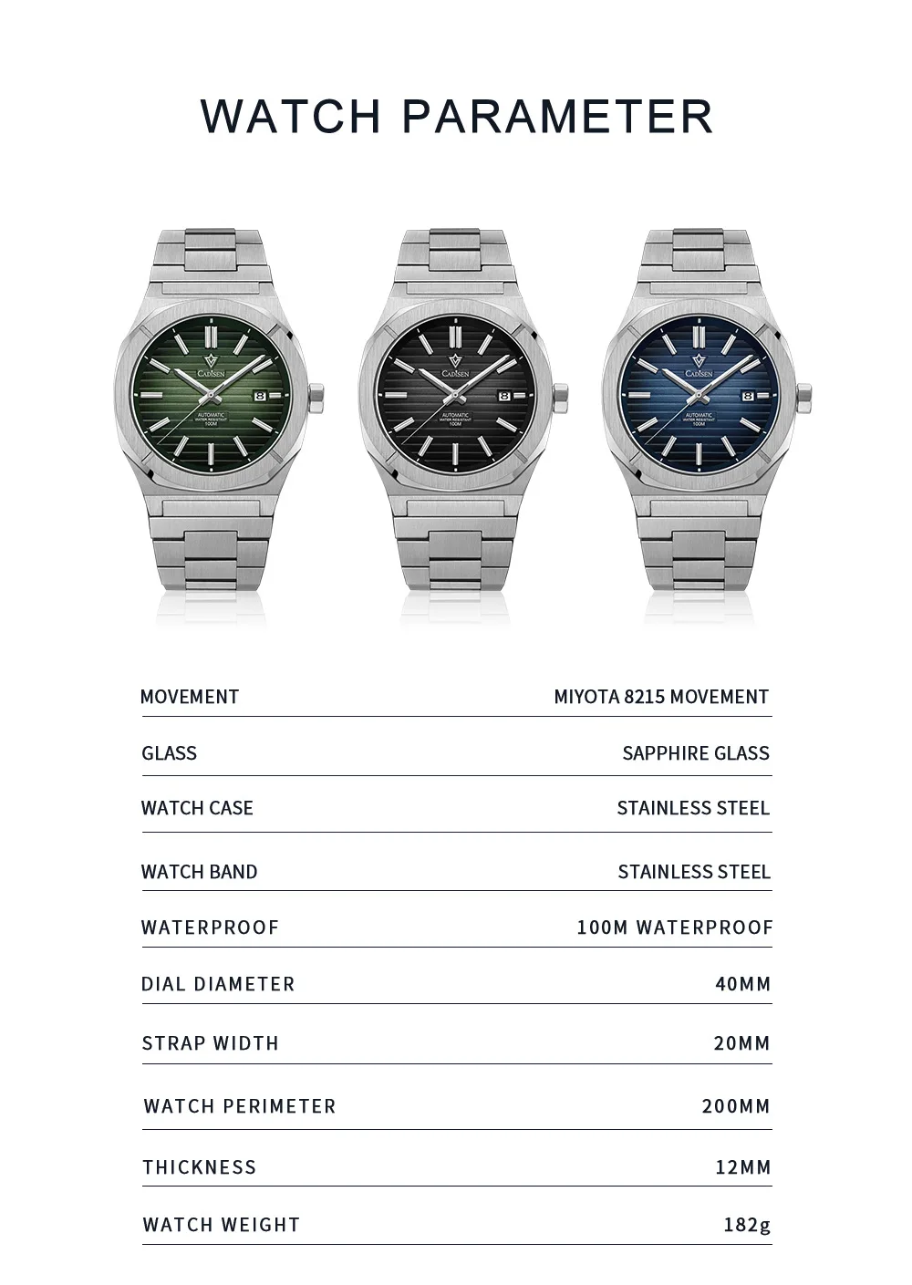 CADISEN Watch for Men Luxury Automatic Men MIYOTA-8215 Movement Sapphire Crystal 42mm Dial 100m Waterproof  Wristwatches C8200