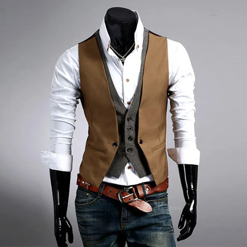 Стиль жилет Slim Fit Мужская одежда поддельные из двух частей смешанные цвета для мужчин жилет кардиган костюм жилет